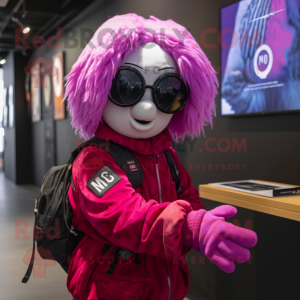 Magenta Ghost mascot costume character dressed with a Moto Jacket and Eyeglasses