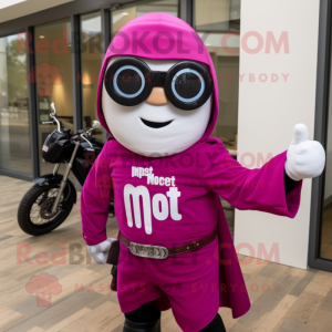 Magenta Ghost mascot costume character dressed with a Moto Jacket and Eyeglasses