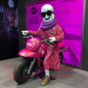 Magenta Ghost mascot costume character dressed with a Moto Jacket and Eyeglasses