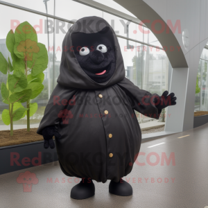 Black Potato mascot costume character dressed with a Raincoat and Wraps