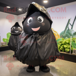 Black Potato mascot costume character dressed with a Raincoat and Wraps