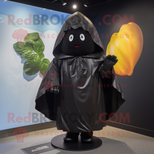 Black Potato mascot costume character dressed with a Raincoat and Wraps