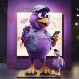 Purple Dove mascot costume character dressed with a Mom Jeans and Wallets