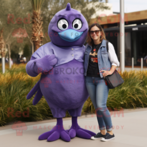 Purple Dove mascot costume character dressed with a Mom Jeans and Wallets