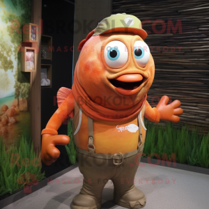 Rust Salmon mascot costume character dressed with a Tank Top and Hairpins