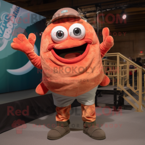 Rust Salmon mascot costume character dressed with a Tank Top and Hairpins