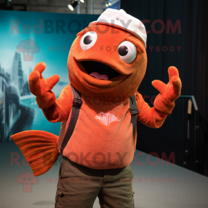 Rust Salmon mascot costume character dressed with a Tank Top and Hairpins