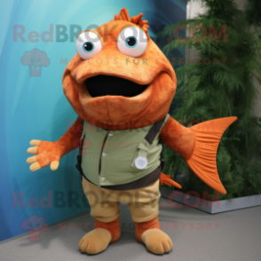 Rust Salmon mascot costume character dressed with a Tank Top and Hairpins