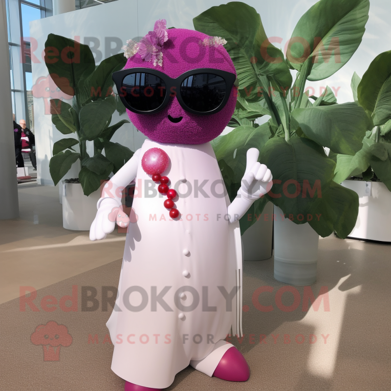Pink Grape mascot costume character dressed with a Wedding Dress and Sunglasses Pink Grape mascot costume character dressed with a Wedding Dress and Sunglasses