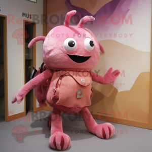 Pink Spider mascot costume character dressed with a Corduroy Pants and Messenger bags