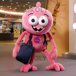 Pink Spider mascot costume character dressed with a Corduroy Pants and Messenger bags
