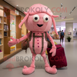 Pink Spider mascot costume character dressed with a Corduroy Pants and Messenger bags