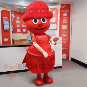 Red Pho mascot costume character dressed with a Pencil Skirt and Cummerbunds