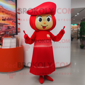 Red Pho mascot costume character dressed with a Pencil Skirt and Cummerbunds