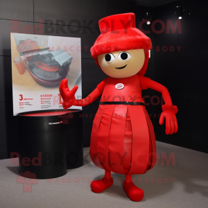 Red Pho mascot costume character dressed with a Pencil Skirt and Cummerbunds