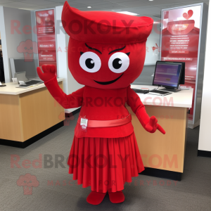Red Pho mascot costume character dressed with a Pencil Skirt and Cummerbunds