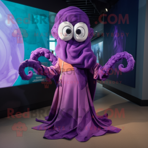 Purple Kraken mascot costume character dressed with a Empire Waist Dress and Scarf clips