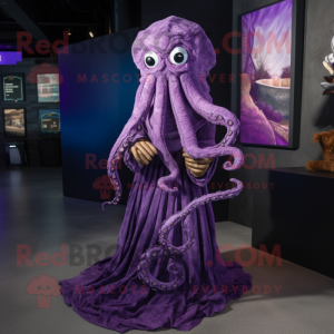 Purple Kraken mascot costume character dressed with a Empire Waist Dress and Scarf clips