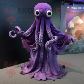 Purple Kraken mascot costume character dressed with a Empire Waist Dress and Scarf clips