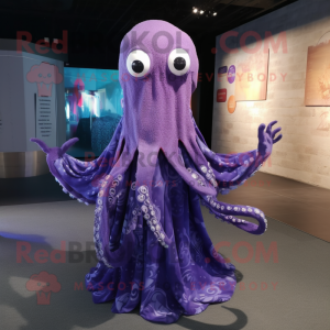Purple Kraken mascot costume character dressed with a Empire Waist Dress and Scarf clips