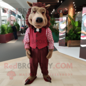 Maroon Wild Boar mascot costume character dressed with a Dress Shirt and Pocket squares