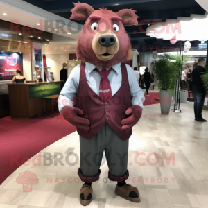 Maroon Wild Boar mascot costume character dressed with a Dress Shirt and Pocket squares