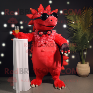 Red Ankylosaurus mascot costume character dressed with a Cocktail Dress and Sunglasses