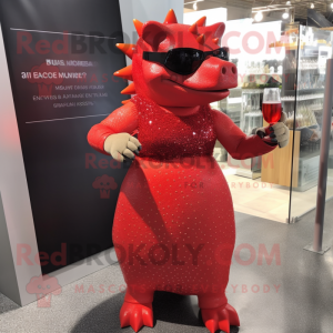 Red Ankylosaurus mascot costume character dressed with a Cocktail Dress and Sunglasses