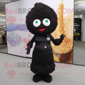 Black Fried Rice mascot costume character dressed with a Sheath Dress and Necklaces