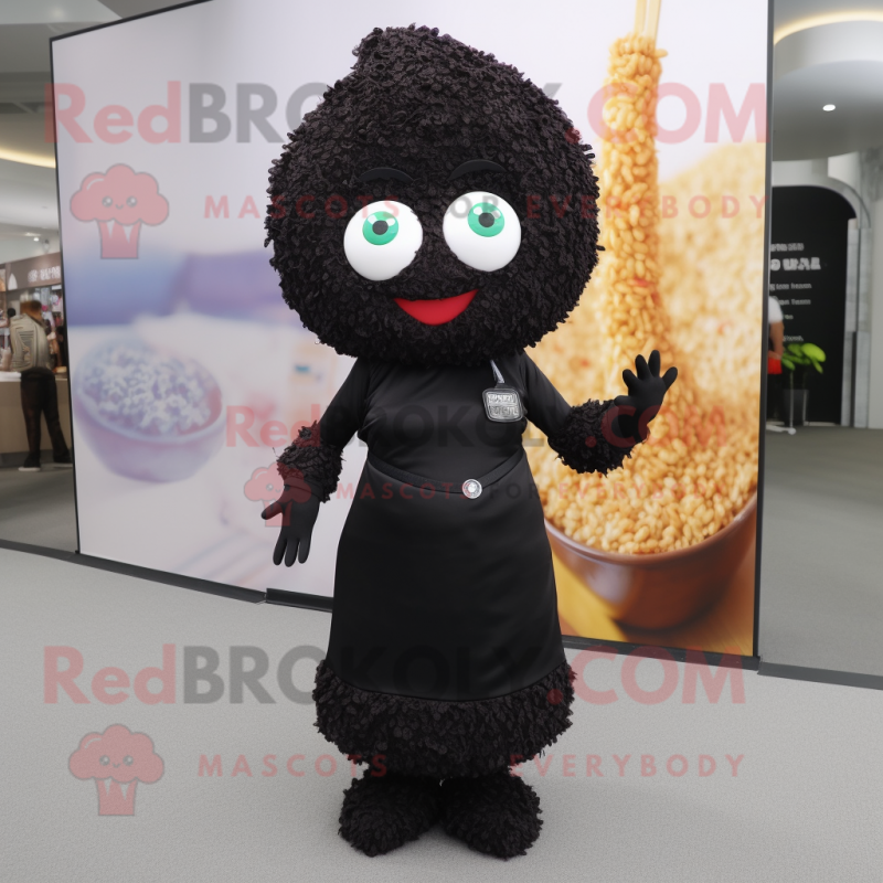Black Fried Rice mascot costume character dressed with a Sheath Dress and Necklaces Black Fried Rice mascot costume character dressed with a Sheath Dress and Necklaces