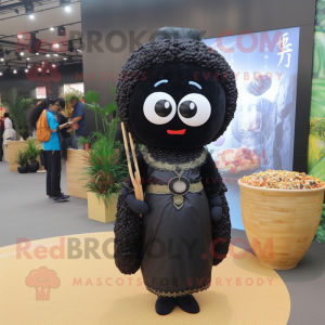 Black Fried Rice mascot costume character dressed with a Sheath Dress and Necklaces
