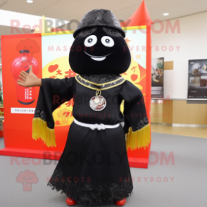 Black Fried Rice mascot costume character dressed with a Sheath Dress and Necklaces