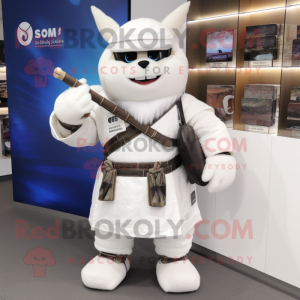 White Samurai mascot costume character dressed with a Dungarees and Backpacks