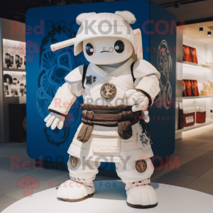 White Samurai mascot costume character dressed with a Dungarees and Backpacks