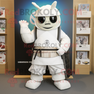 White Samurai mascot costume character dressed with a Dungarees and Backpacks