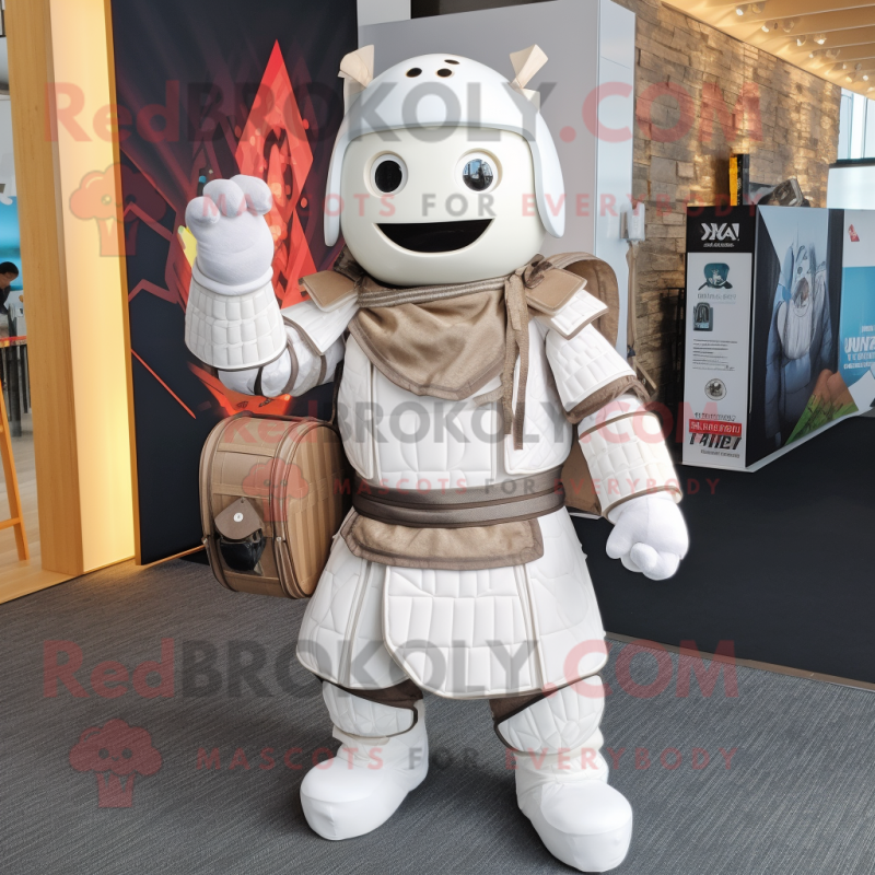 White Samurai mascot costume character dressed with a Dungarees and Backpacks