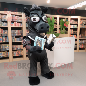 Black Horseshoe mascot costume character dressed with a Playsuit and Reading glasses