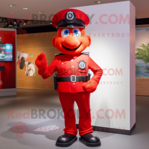 Red Police Officer mascot costume character dressed with a Skinny Jeans and Hairpins