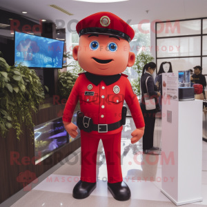 Red Police Officer mascot costume character dressed with a Skinny Jeans and Hairpins