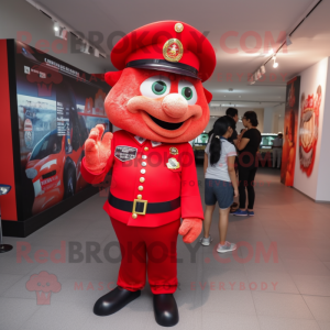 Red Police Officer mascot costume character dressed with a Skinny Jeans and Hairpins