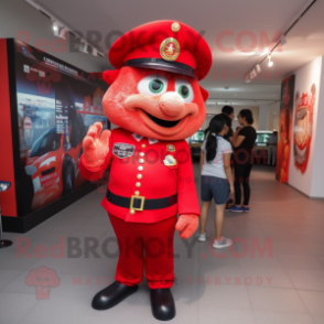 Red Police Officer mascot costume character dressed with a Skinny Jeans and Hairpins