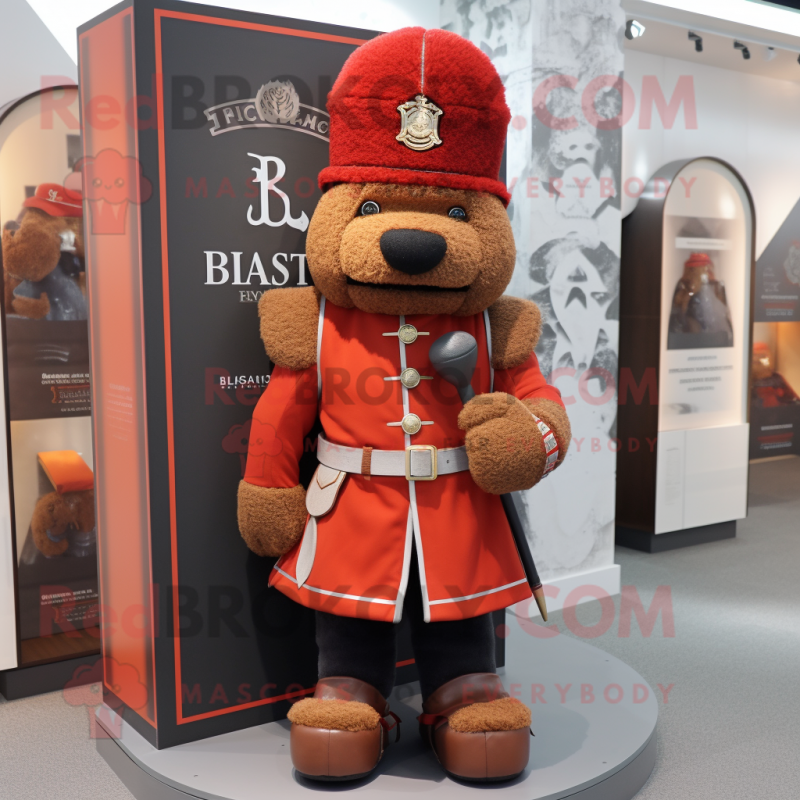 Rust British Royal Guard mascot costume character dressed with a Sweatshirt and Beanies