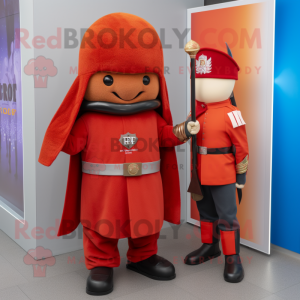 Rust British Royal Guard mascot costume character dressed with a Sweatshirt and Beanies