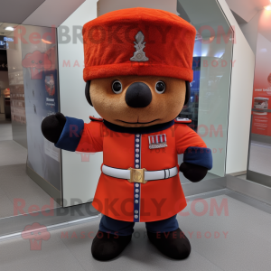 Rust British Royal Guard mascot costume character dressed with a Sweatshirt and Beanies