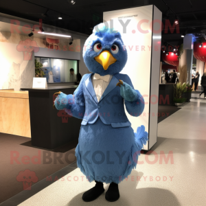 Blue Fried Chicken mascot costume character dressed with a Evening Gown and Tie pins
