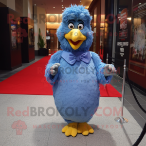 Blue Fried Chicken mascot costume character dressed with a Evening Gown and Tie pins