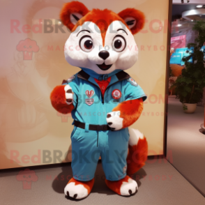 Sky Blue Red Panda mascot costume character dressed with a Chinos and Brooches