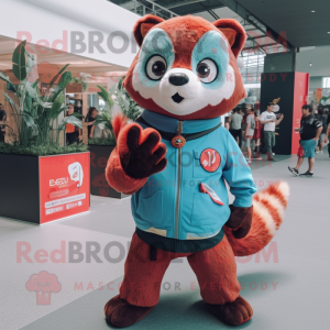 Sky Blue Red Panda mascot costume character dressed with a Chinos and Brooches