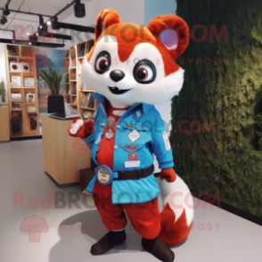 Sky Blue Red Panda mascot costume character dressed with a Chinos and Brooches