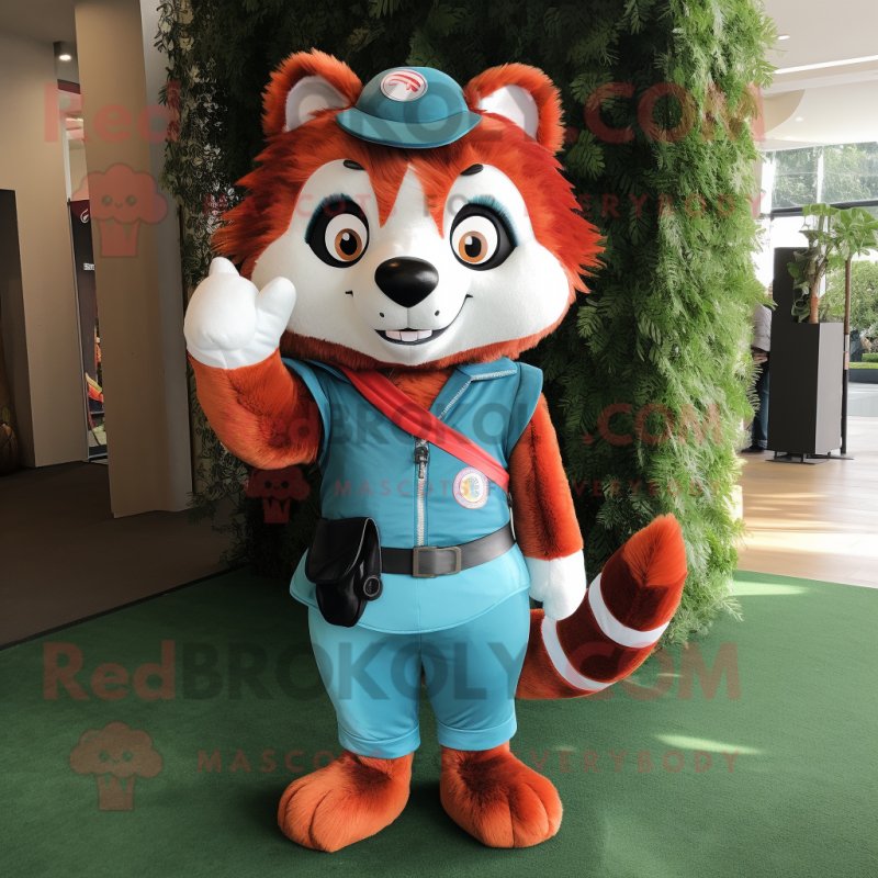 Sky Blue Red Panda mascot costume character dressed with a Chinos and Brooches Sky Blue Red Panda mascot costume character dressed with a Chinos and Brooches